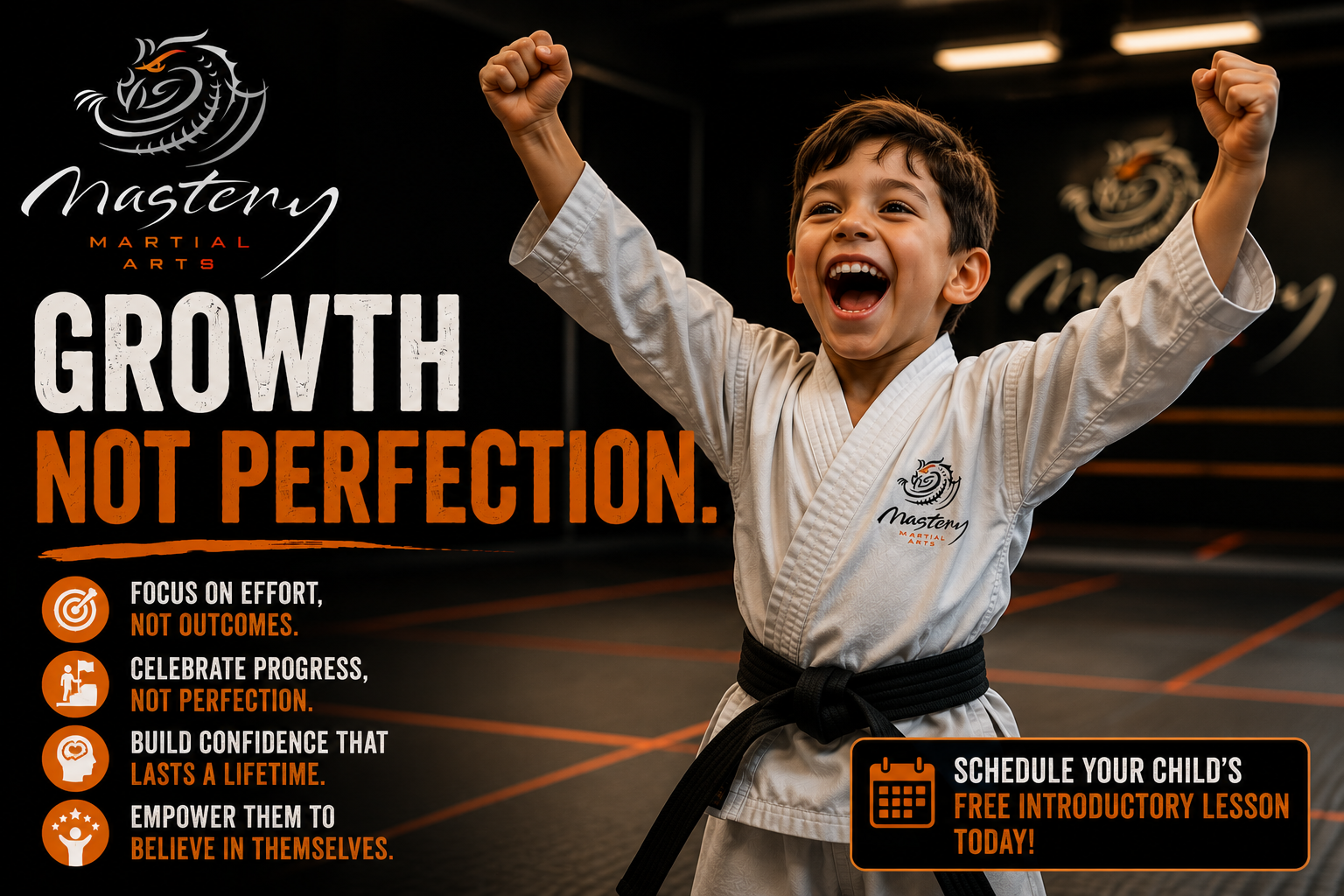 Happy martial arts student celebrating progress and confidence earned through effort instead of perfection. Happy martial arts student celebrating progress and confidence earned through effort instead of perfection.