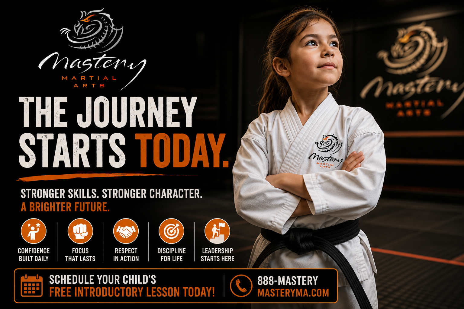 Confident young Mastery Martial Arts student standing proudly, representing the beginning of a lifelong journey of confidence and leadership. Confident young Mastery Martial Arts student standing proudly, representing the beginning of a lifelong journey of confidence and leadership.