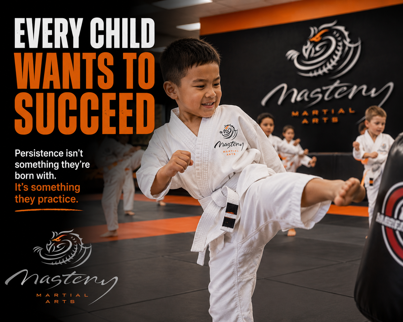Young child practicing the same martial arts technique repeatedly while developing persistence.