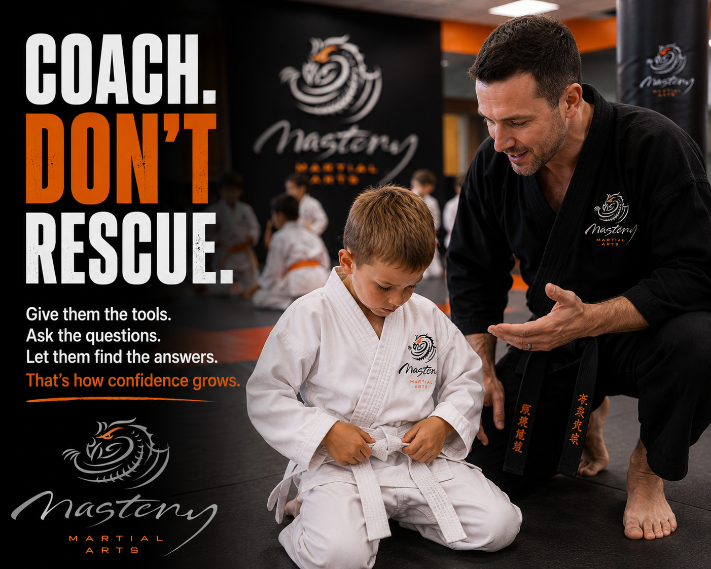 Parent encouraging a child to solve a challenge independently instead of rescuing them.