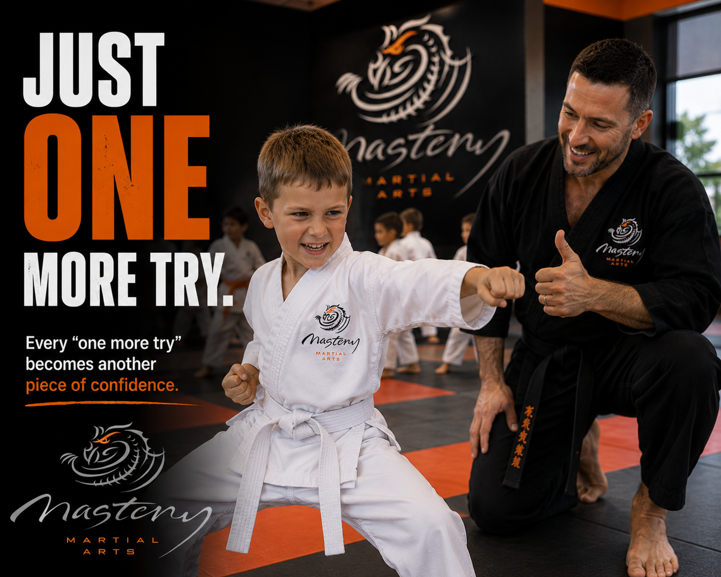 Martial arts instructor encouraging a child to try again after making a mistake.