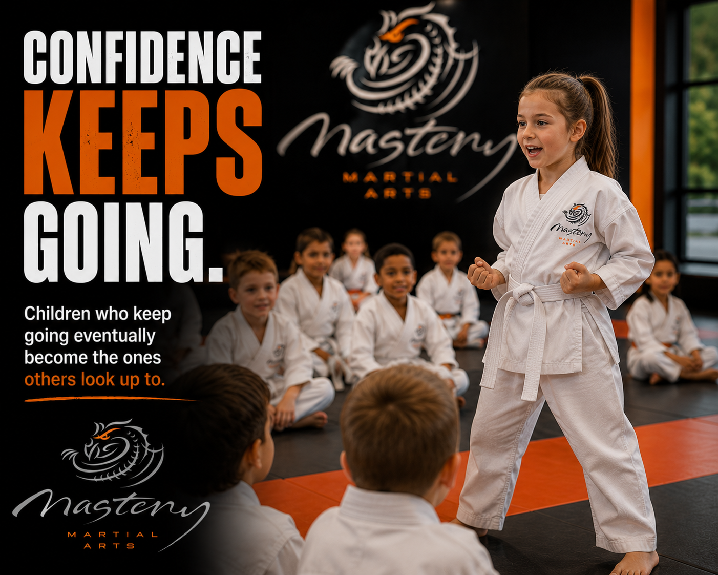 Confident young martial arts student leading classmates after developing perseverance.
