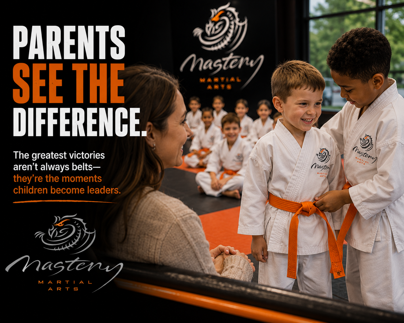 Parent proudly watching their child demonstrate leadership during martial arts class.