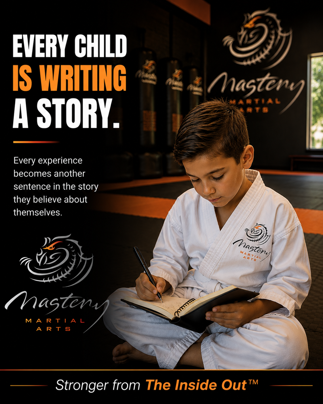 Young martial arts student reflecting after class while building confidence and identity. Young martial arts student reflecting after class while building confidence and identity.