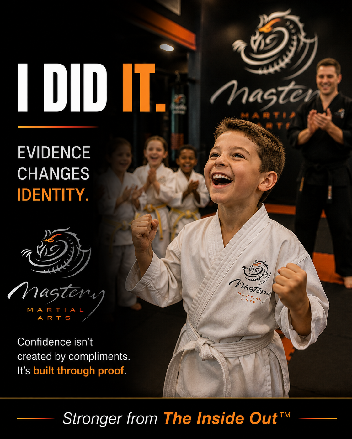 Young martial arts student celebrating success after mastering a difficult skill. Young martial arts student celebrating success after mastering a difficult skill.