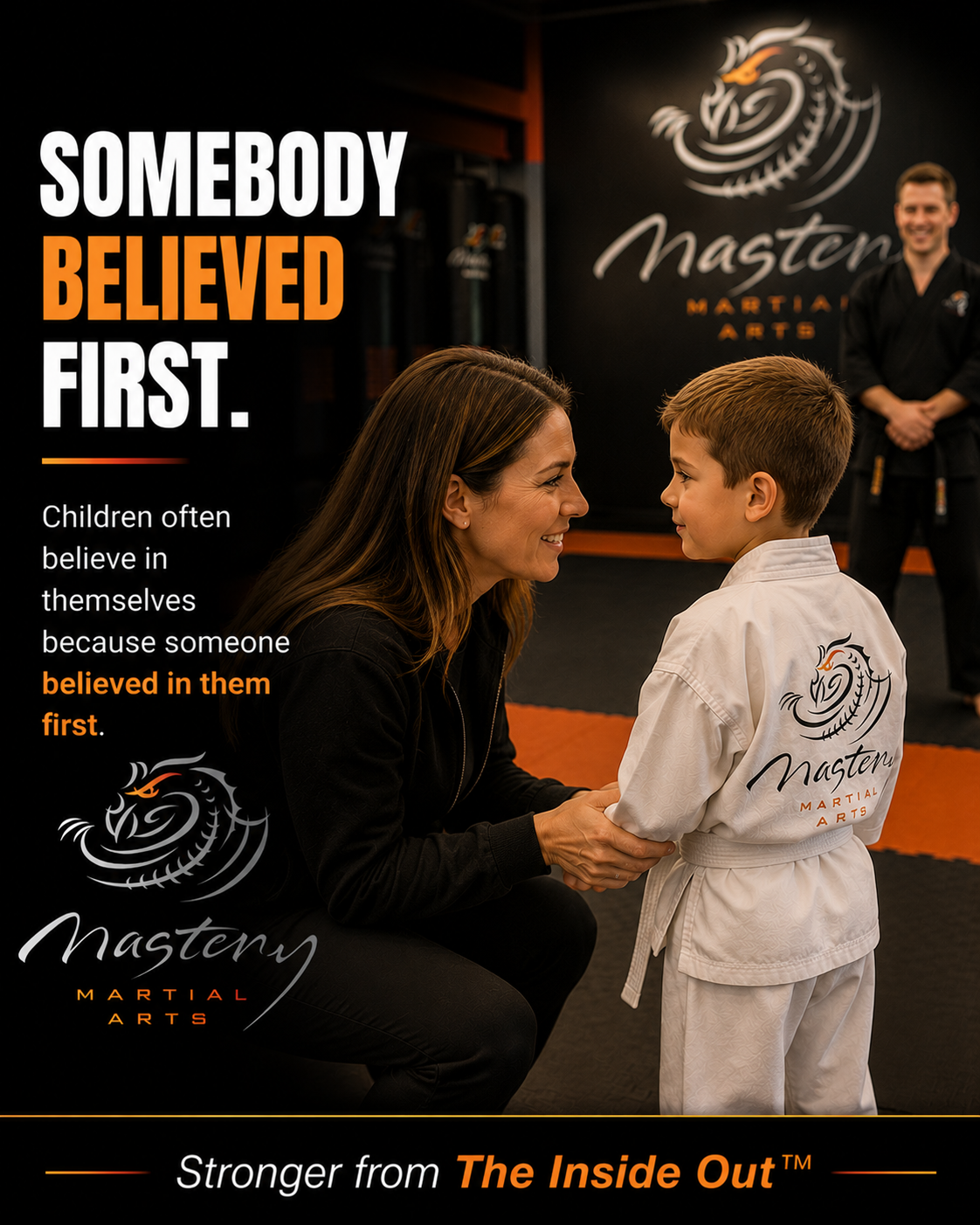 Parent encouraging a child before martial arts class with belief and support. Parent encouraging a child before martial arts class with belief and support.