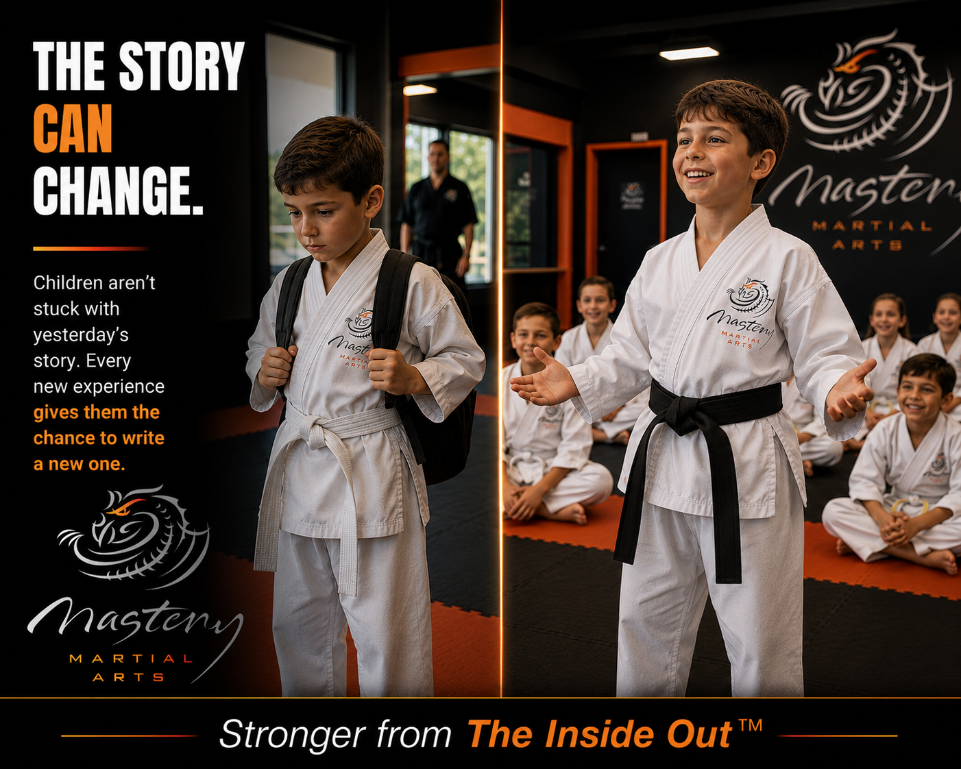 Young martial arts student transforming from shy beginner to confident leader. Young martial arts student transforming from shy beginner to confident leader.