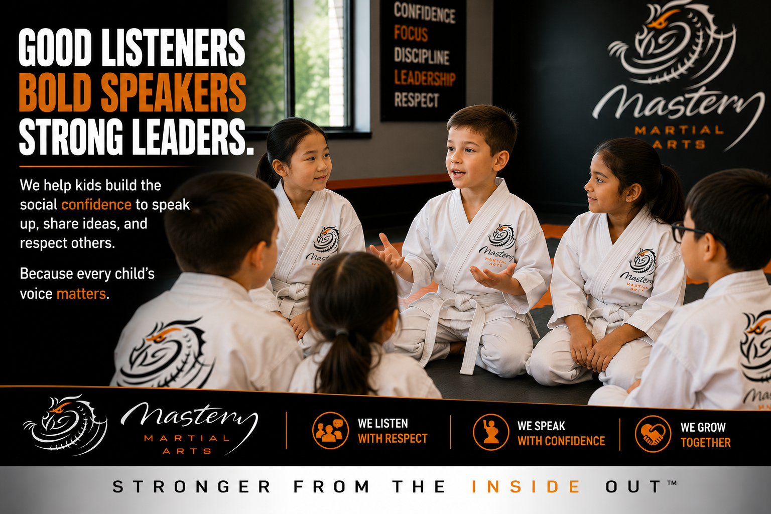 children in martial arts class listening and participating with confidence at Mastery Martial Arts children in martial arts class listening and participating with confidence at Mastery Martial Arts
