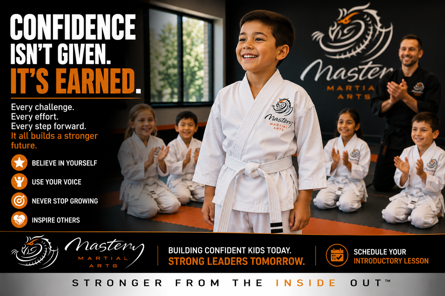 confident child smiling after martial arts achievement at Mastery Martial Arts confident child smiling after martial arts achievement at Mastery Martial Arts