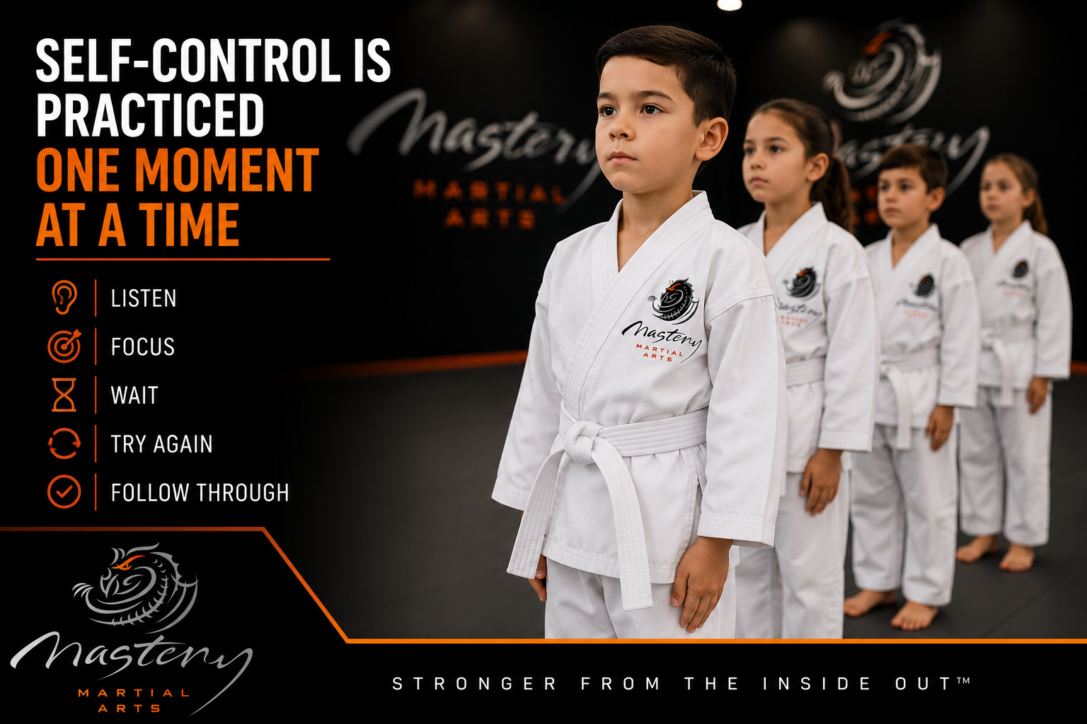 Children standing focused in martial arts class while practicing self-control, listening, and discipline.