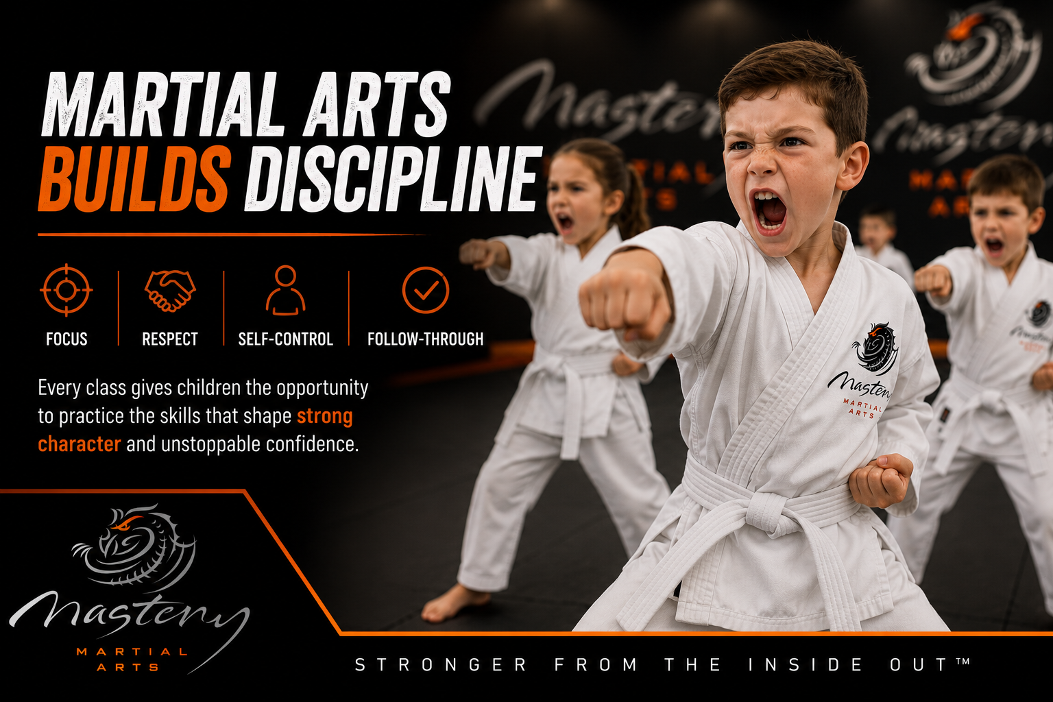 Mastery Martial Arts students practicing with focus, respect, and discipline during class.