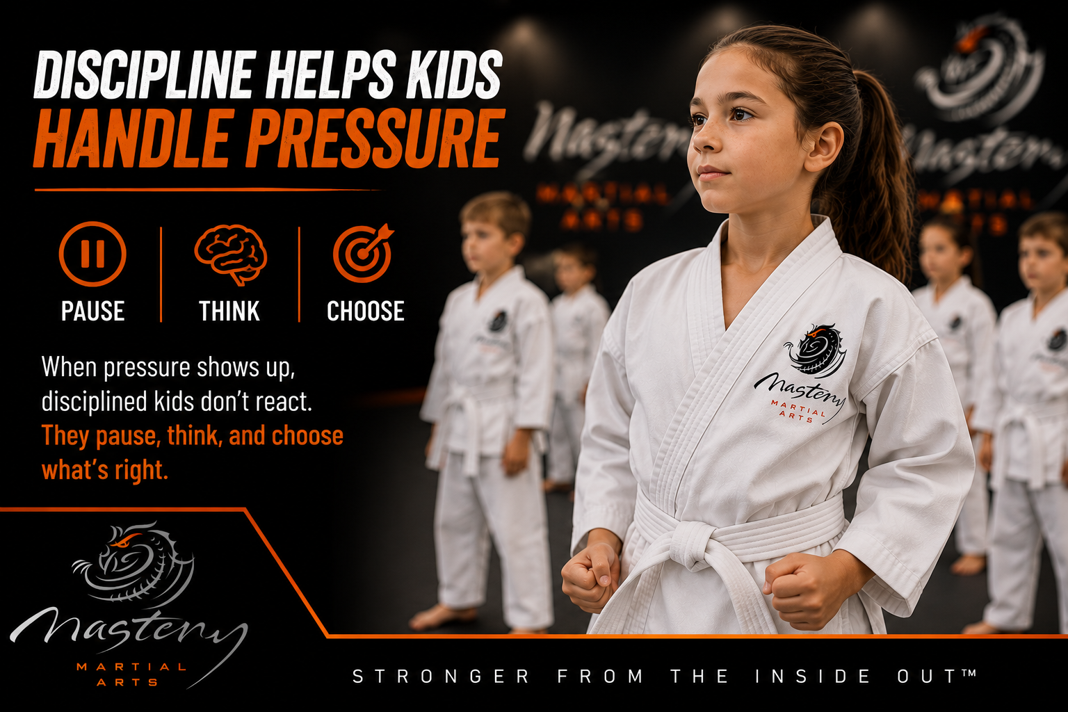 Confident child in a Mastery Martial Arts uniform standing tall while learning focus and discipline under pressure.