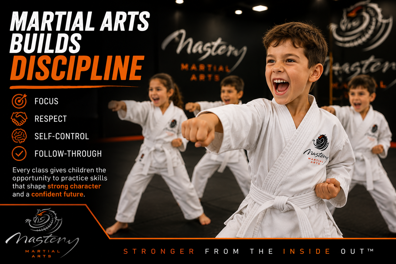Smiling child in a Mastery Martial Arts uniform standing confidently with classmates and instructors.