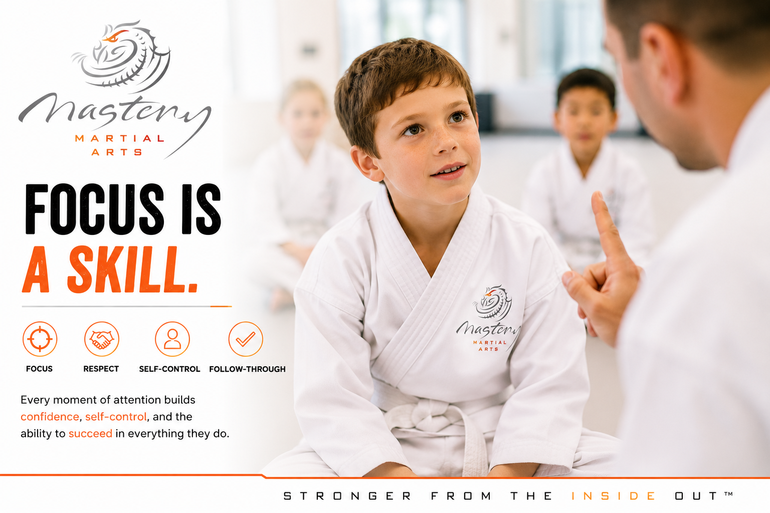 Smiling martial arts student listening carefully to an instructor while developing attention and focus skills.