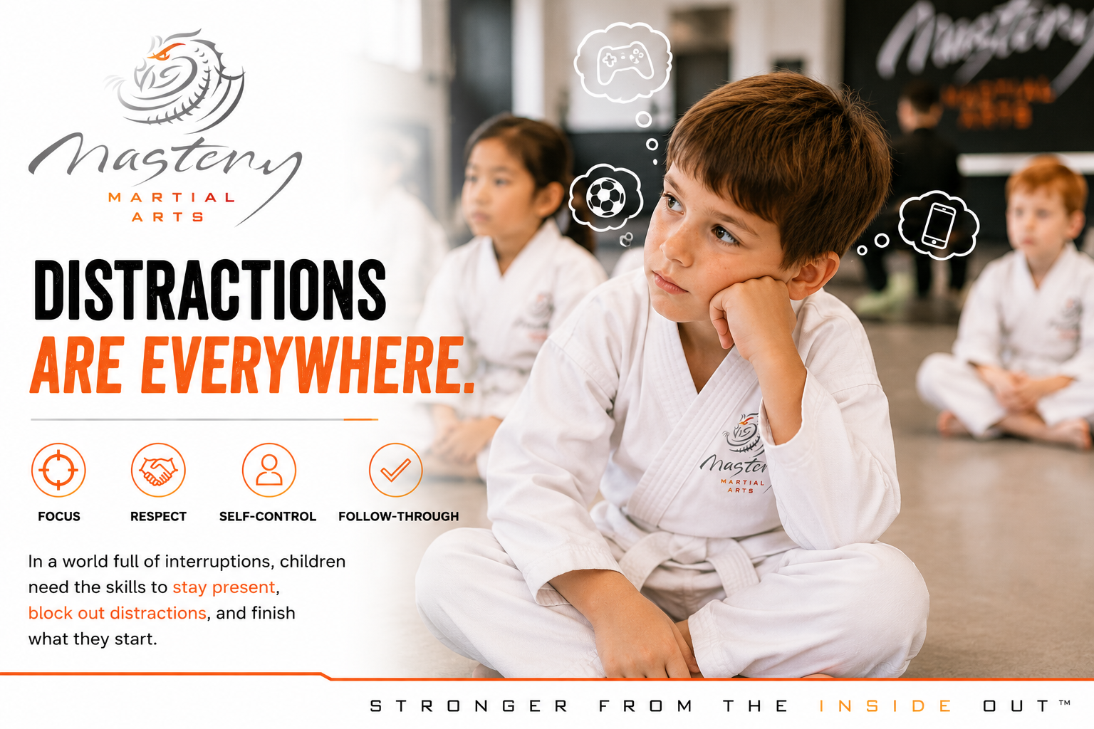 Young child learning to stay focused during a Mastery Martial Arts class despite everyday distractions.