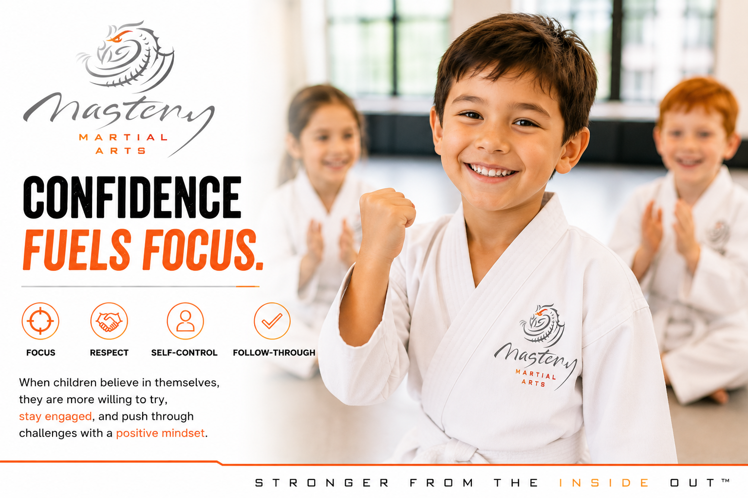 Confident young martial arts student smiling after successfully completing a class activity.