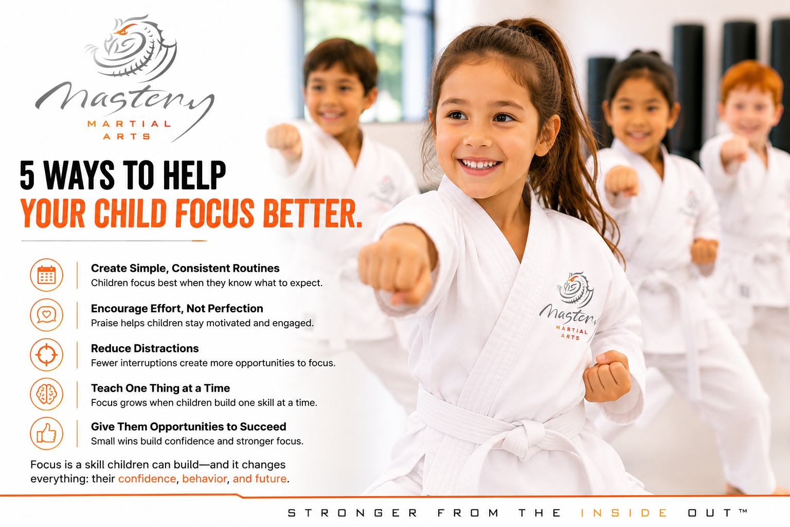 Happy children practicing focus and listening skills during a structured martial arts class.