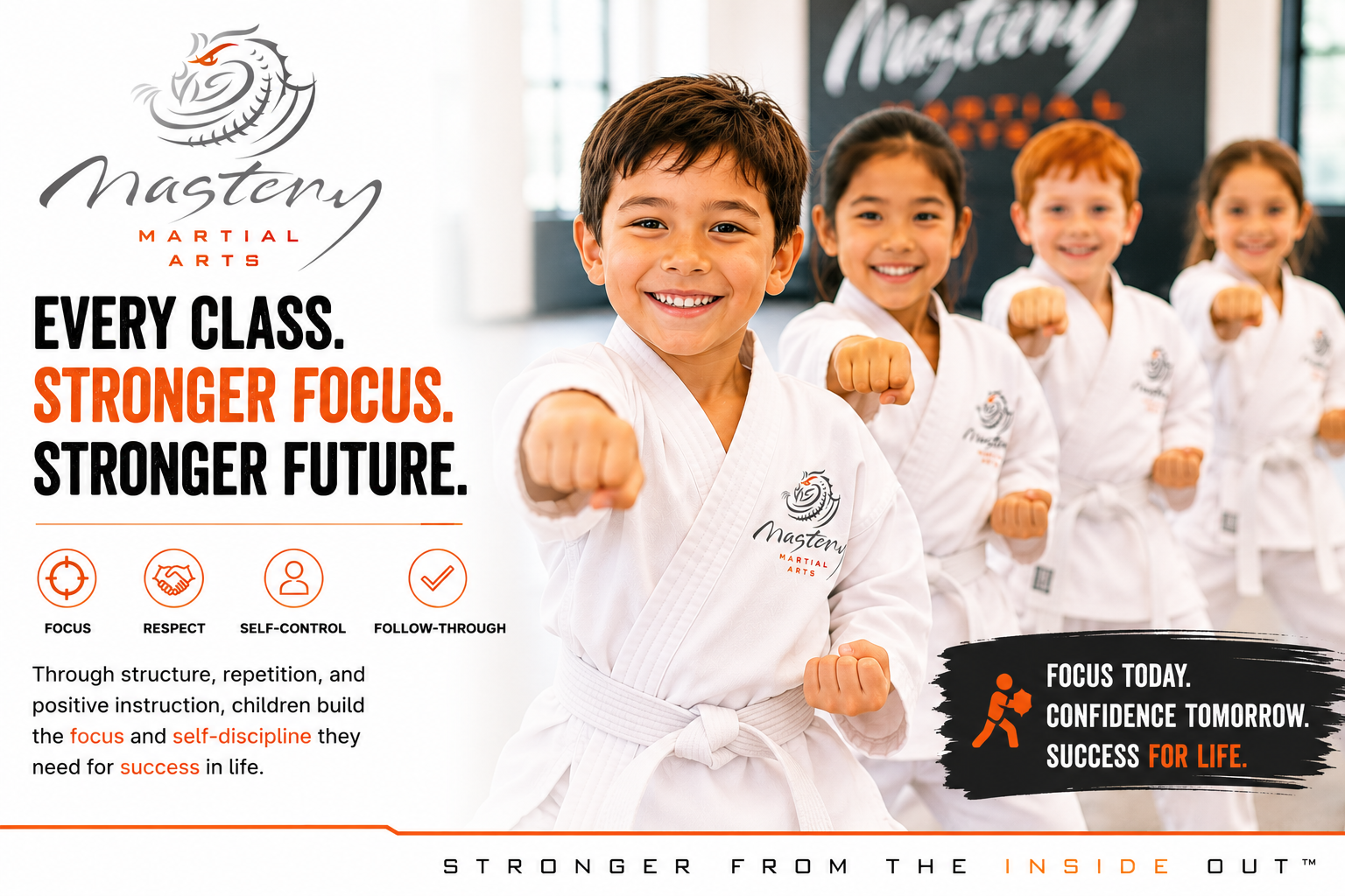 Children smiling while practicing martial arts drills that improve focus, listening, and self-control.