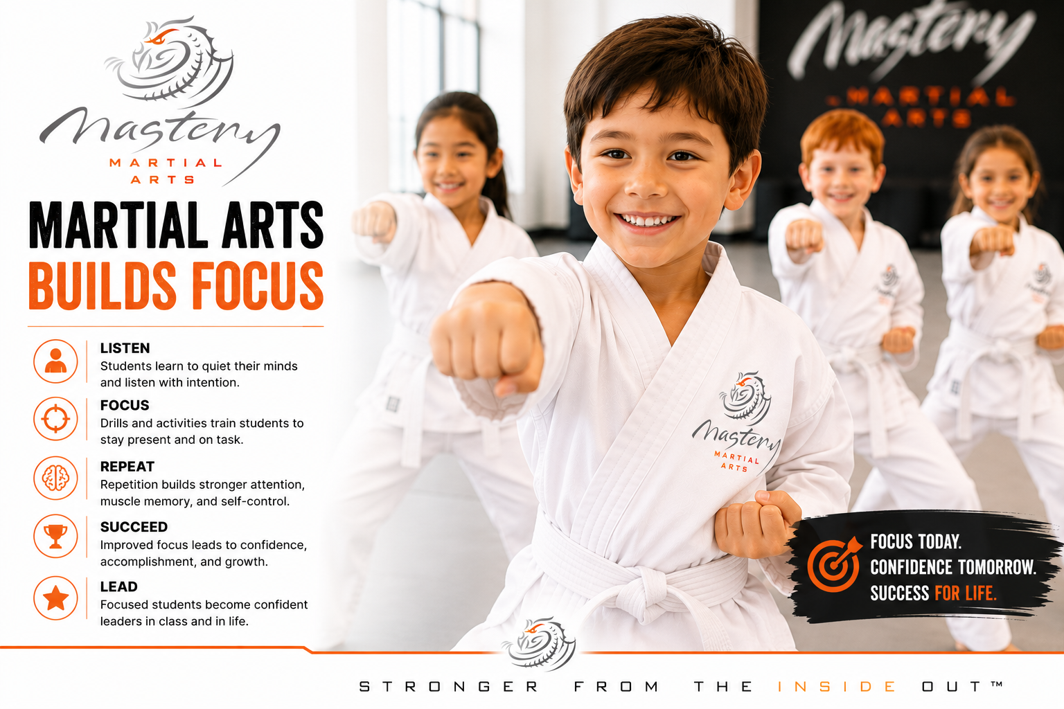 Smiling Mastery Martial Arts students standing proudly together after class, showing confidence and focus.