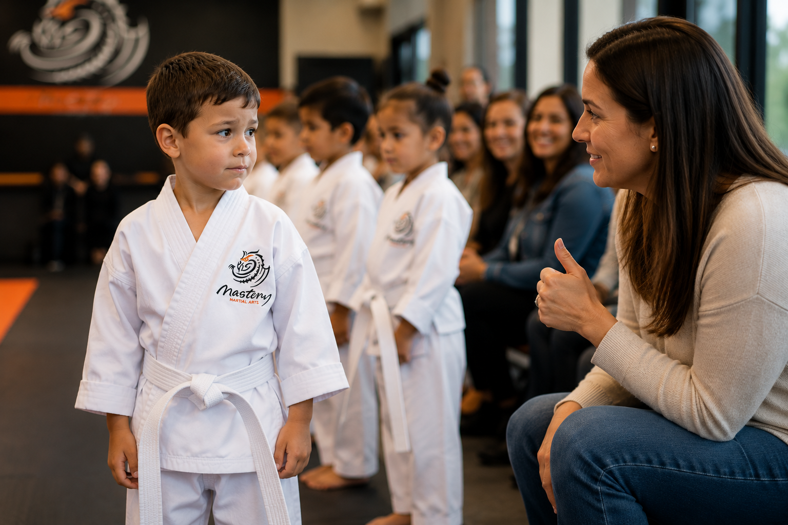 A young Mastery Martial Arts student looks toward his mother for reassurance while standing with classmates before martial arts practice.