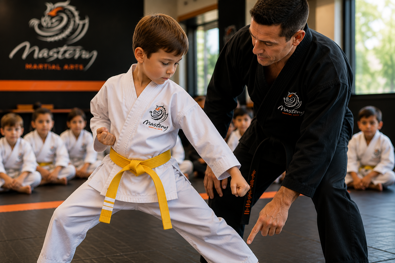 A Mastery Martial Arts instructor gives specific feedback about a child’s stance while the student practices in a white uniform and yellow belt.
