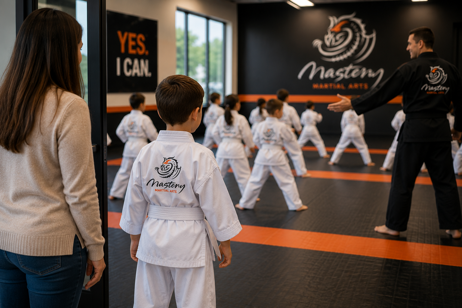 A young child in a white Mastery Martial Arts uniform takes a cautious first step into class while a parent watches and an instructor welcomes him.