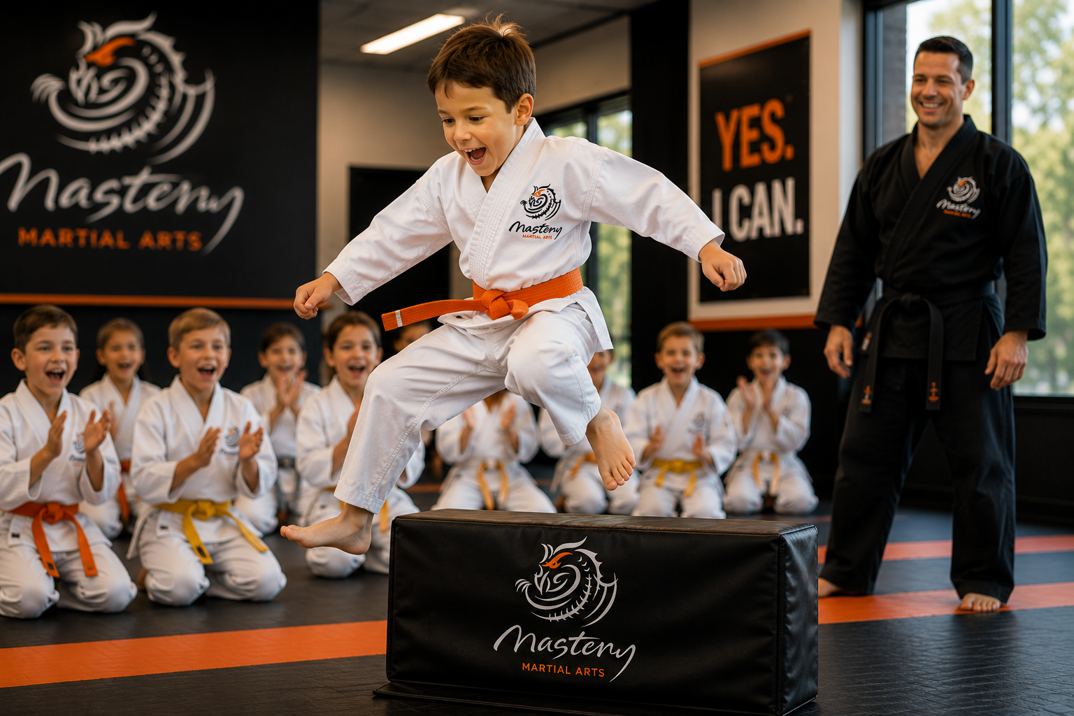 A child in a white Mastery Martial Arts uniform successfully jumps over a padded obstacle while classmates applaud and an instructor watches proudly.