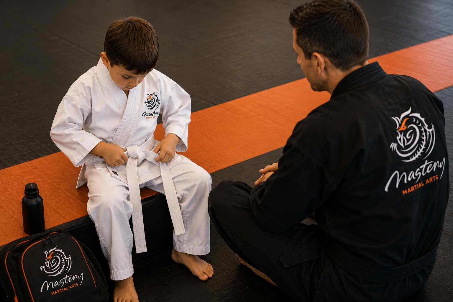 A young Mastery Martial Arts student concentrates on tying his white belt while an instructor in a black uniform patiently gives him space to keep trying.