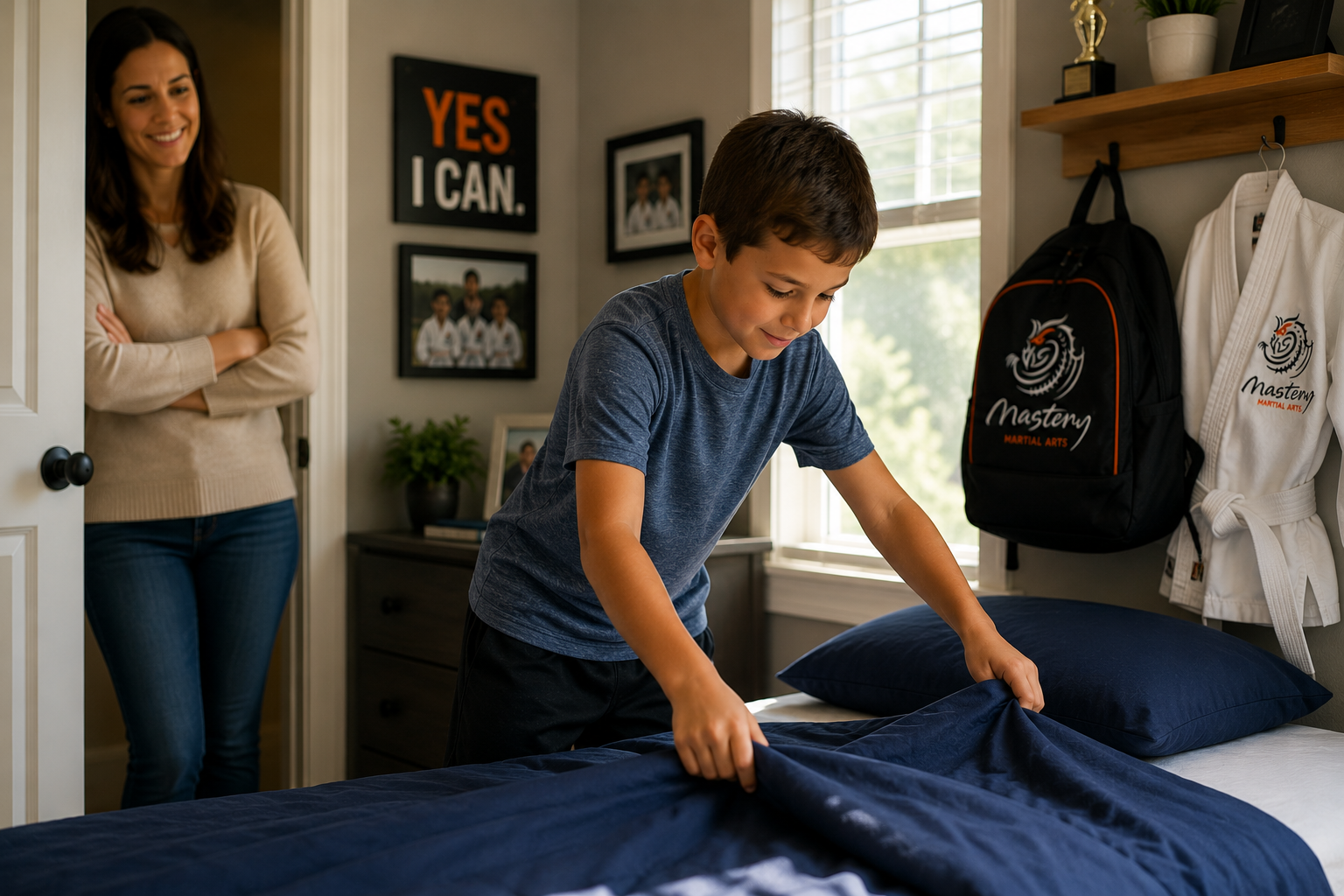 A child independently makes his bed while his mother watches proudly from the doorway, with his Mastery Martial Arts uniform nearby.