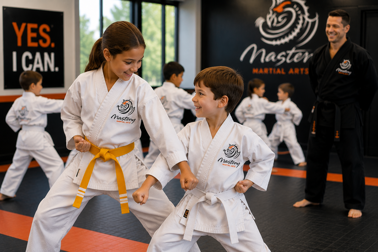 An older Mastery Martial Arts student helps a younger child practice a stance while an instructor observes from the background.