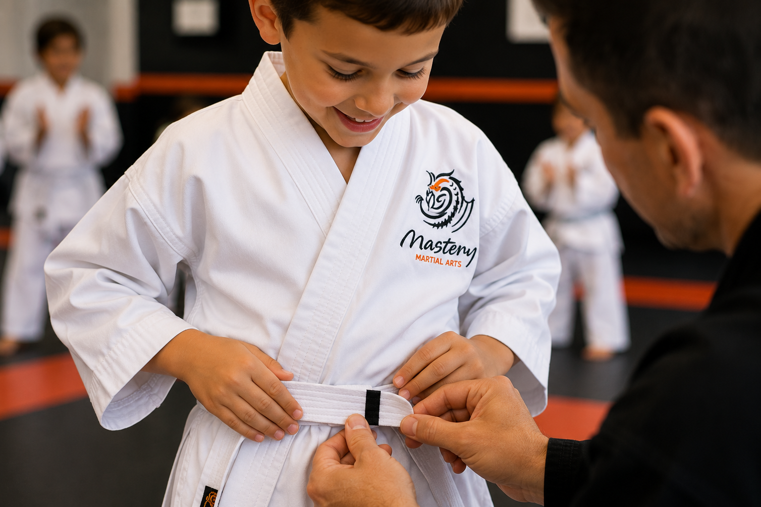 A smiling child watches as a Mastery Martial Arts instructor places a progress stripe on the child’s white belt.