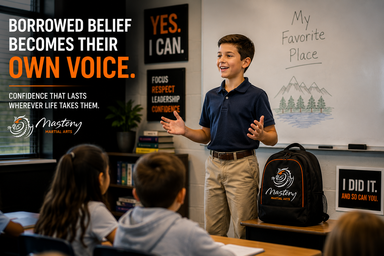 A confident child gives a classroom presentation while classmates listen, showing how self-belief developed through martial arts can carry into school.