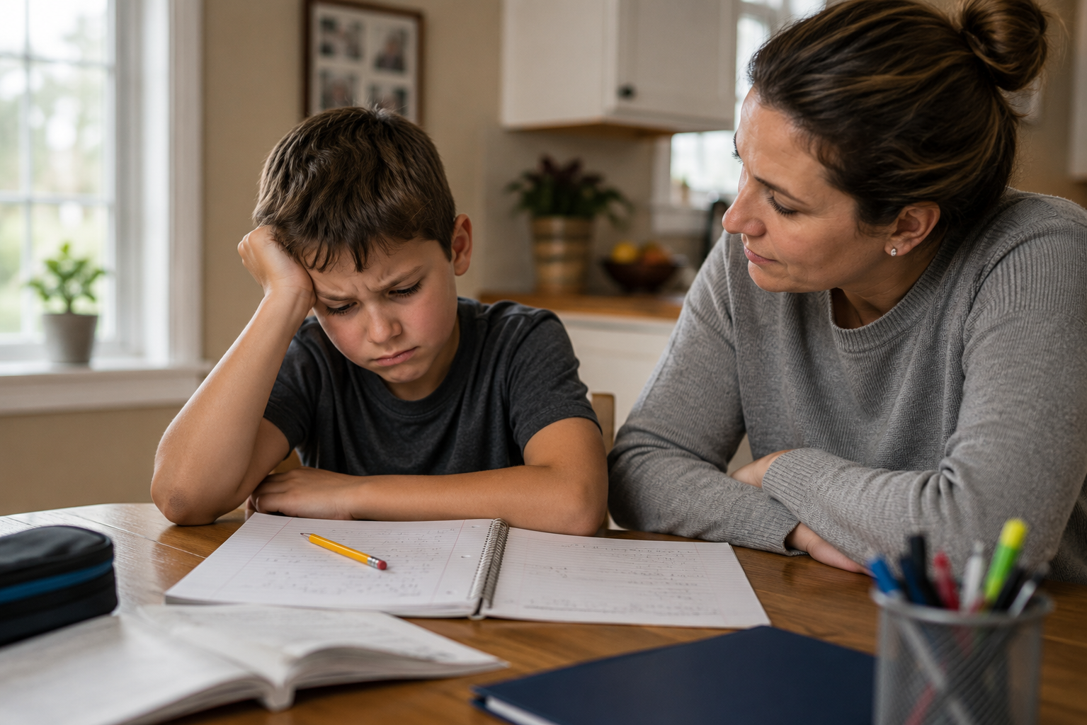 A child struggles with homework while a parent calmly offers encouragement instead of giving the answer. A child struggles with homework while a parent calmly offers encouragement instead of giving the answer.