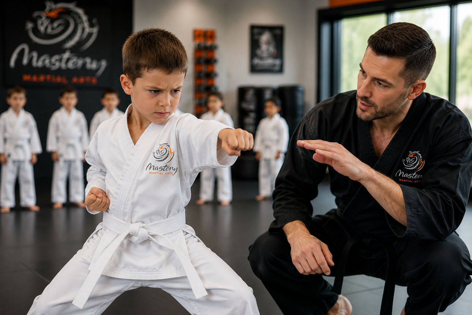 A Mastery Martial Arts instructor coaches a young student through a difficult technique with patience and encouragement. A Mastery Martial Arts instructor coaches a young student through a difficult technique with patience and encouragement.