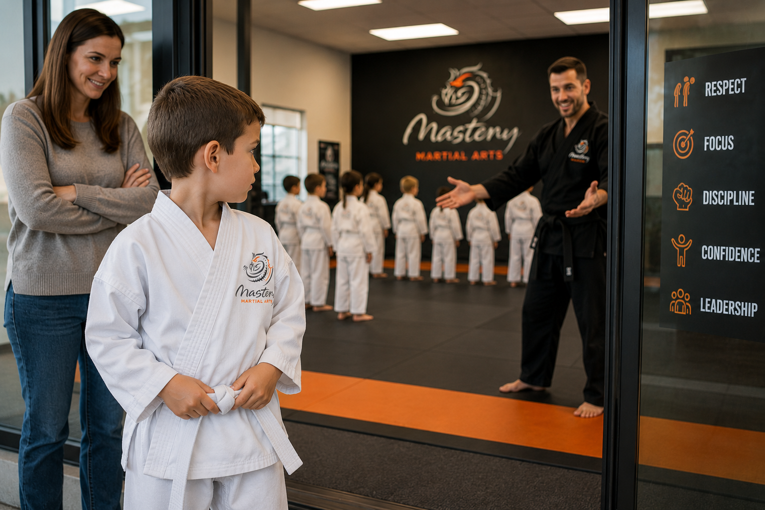 A young child pauses at the edge of a Mastery Martial Arts class before taking the first courageous step onto the training floor. A young child pauses at the edge of a Mastery Martial Arts class before taking the first courageous step onto the training floor.