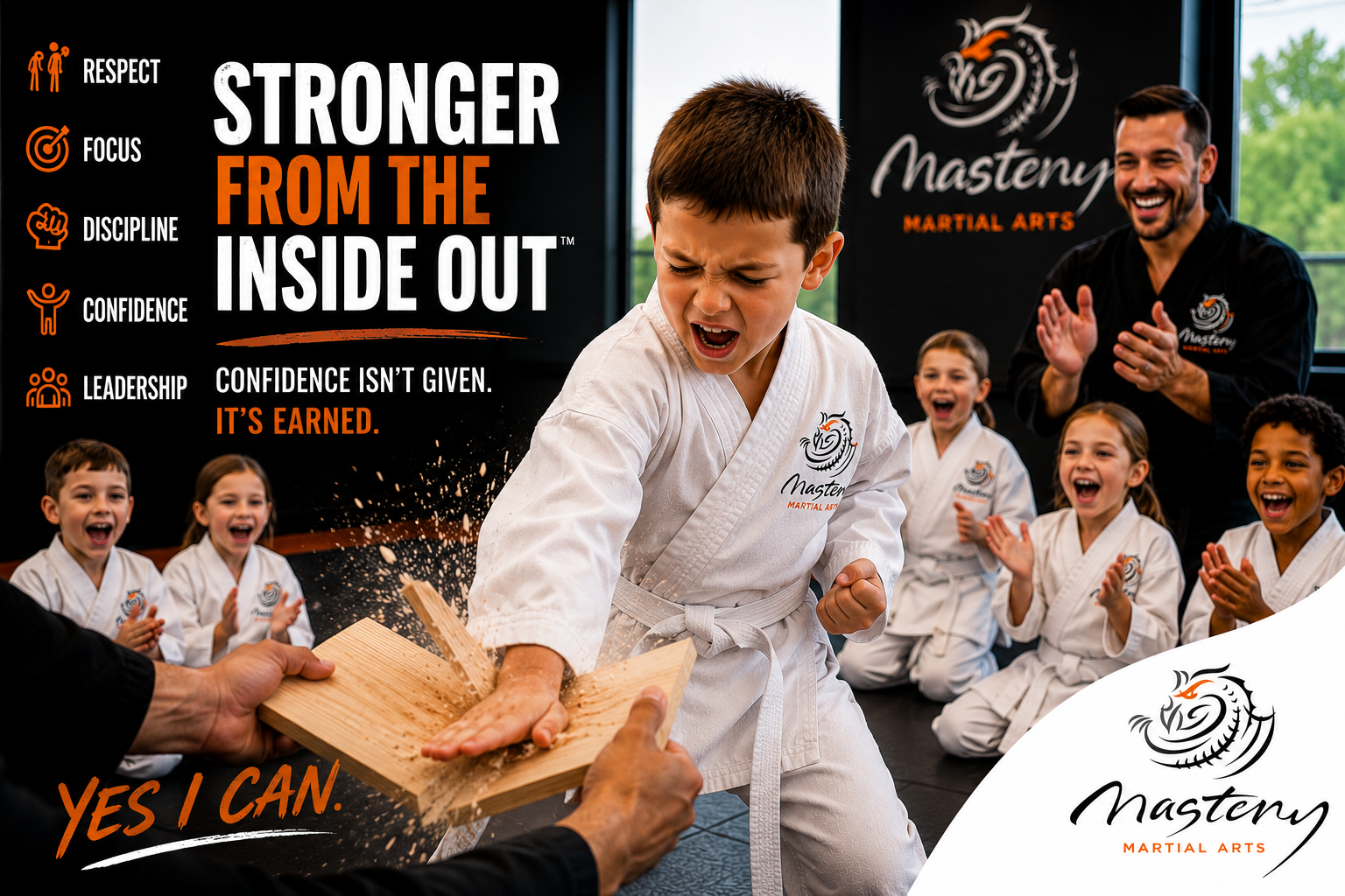 A young Mastery Martial Arts student confidently breaks a wooden board with a palm strike while classmates and instructors celebrate the achievement. A young Mastery Martial Arts student confidently breaks a wooden board with a palm strike while classmates and instructors celebrate the achievement.