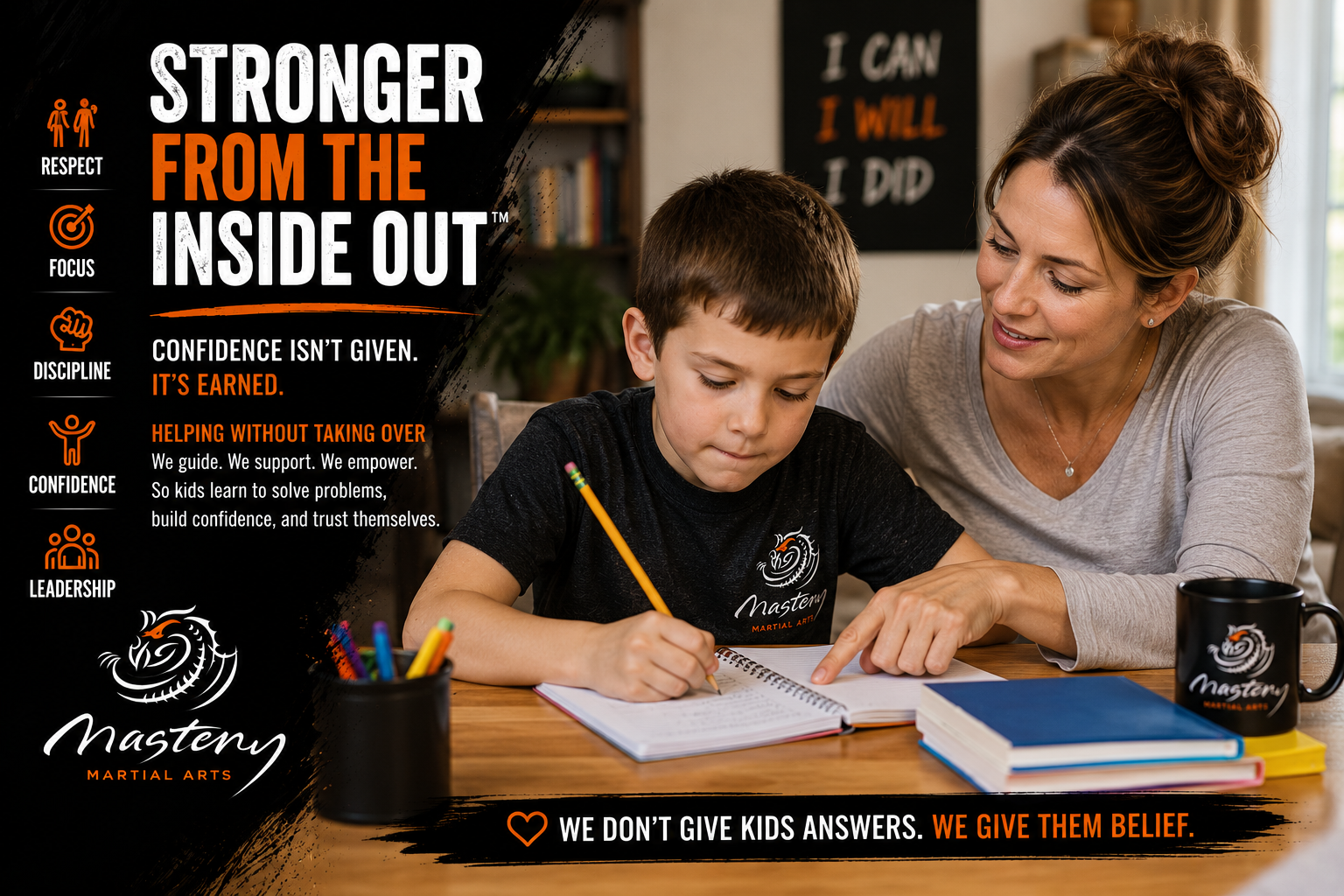 A parent calmly guides a child through homework while allowing the child to solve the problem independently. A parent calmly guides a child through homework while allowing the child to solve the problem independently.