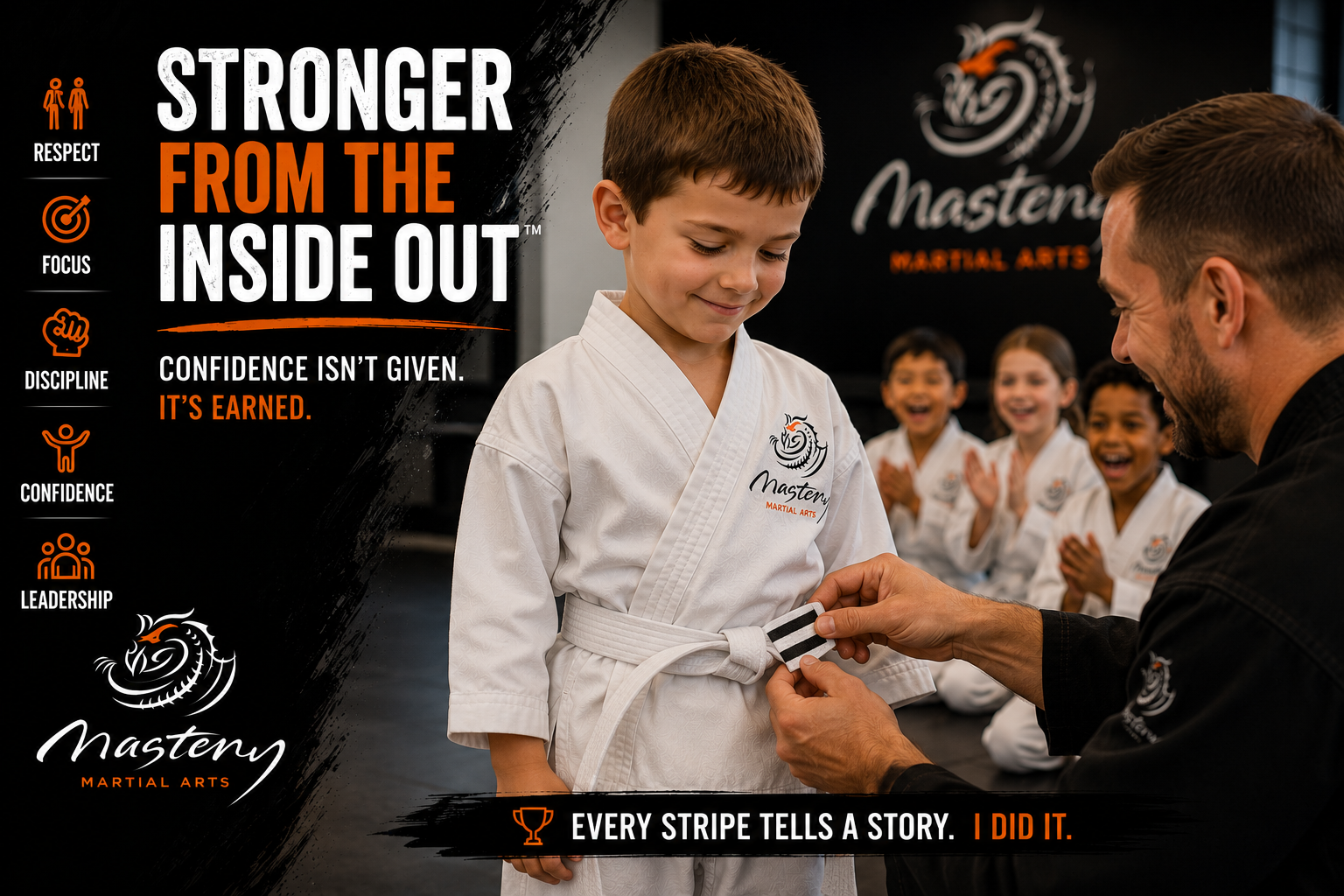 A proud Mastery Martial Arts student smiles as an instructor places an earned stripe on the student's belt. A proud Mastery Martial Arts student smiles as an instructor places an earned stripe on the student's belt.