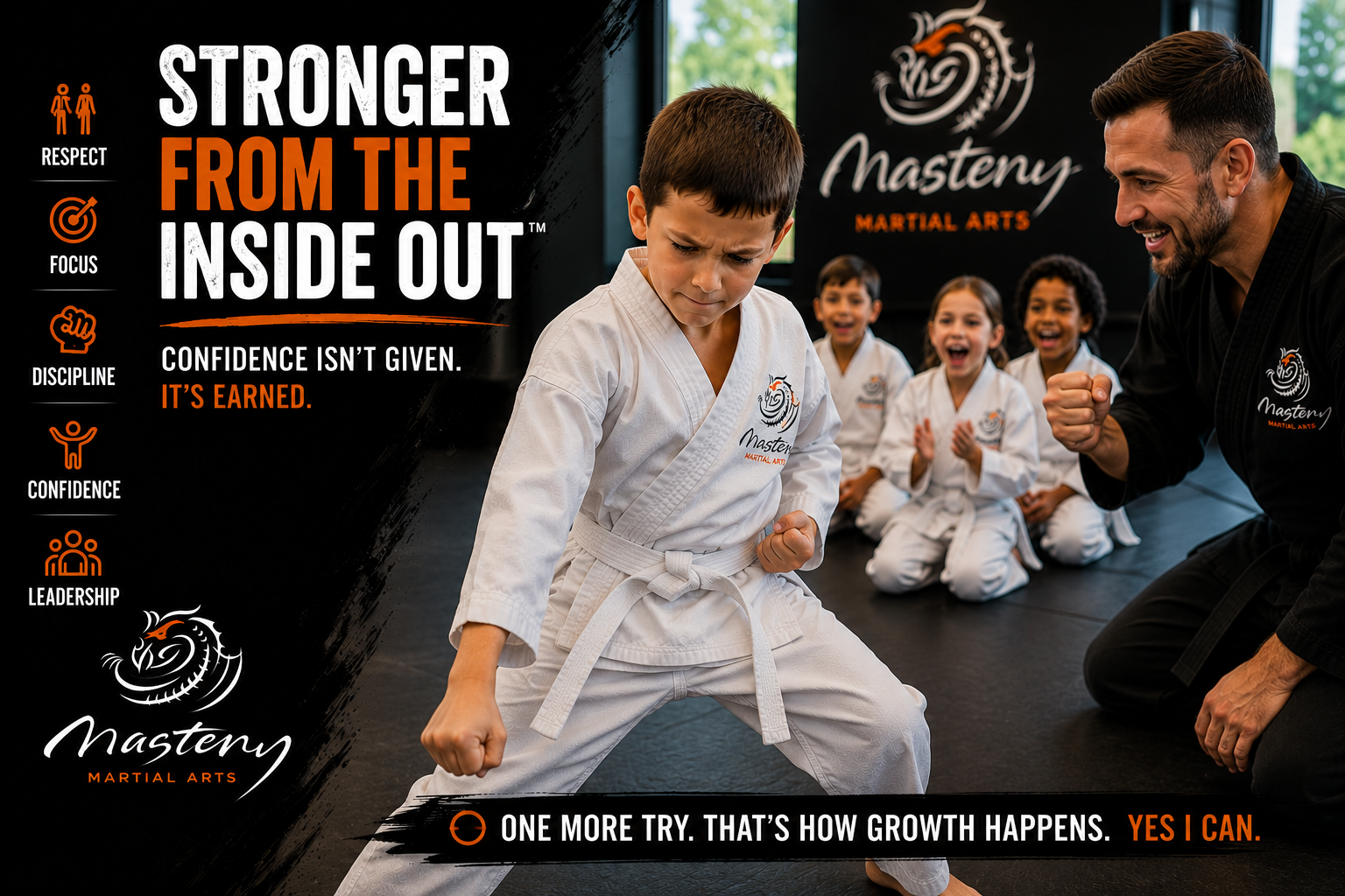 A determined Mastery Martial Arts student resets their stance and prepares to try a difficult technique again while an instructor encourages from the side. Caption A determined Mastery Martial Arts student resets their stance and prepares to try a difficult technique again while an instructor encourages from the side. Caption