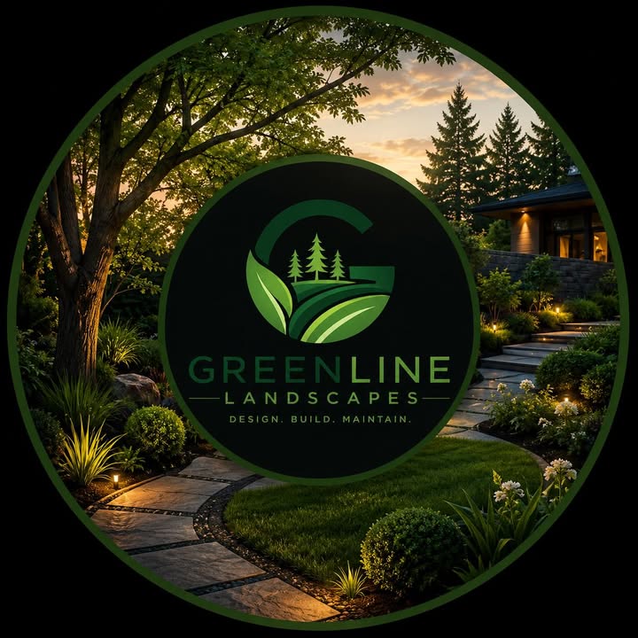 Greenline Landscapes logo over a lit garden path at dusk