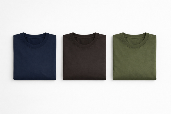 Solid colour shirts in navy, brown and green for passport photo outfit guidance