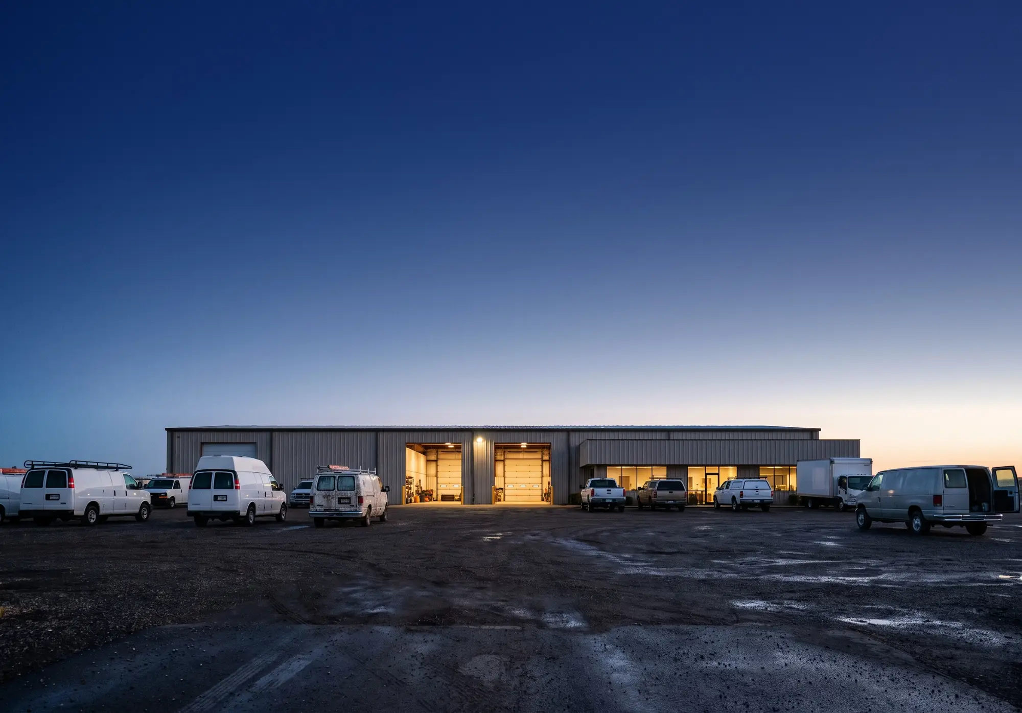 A service company's yard at first light, work vans and pickups parked outside a lit branch