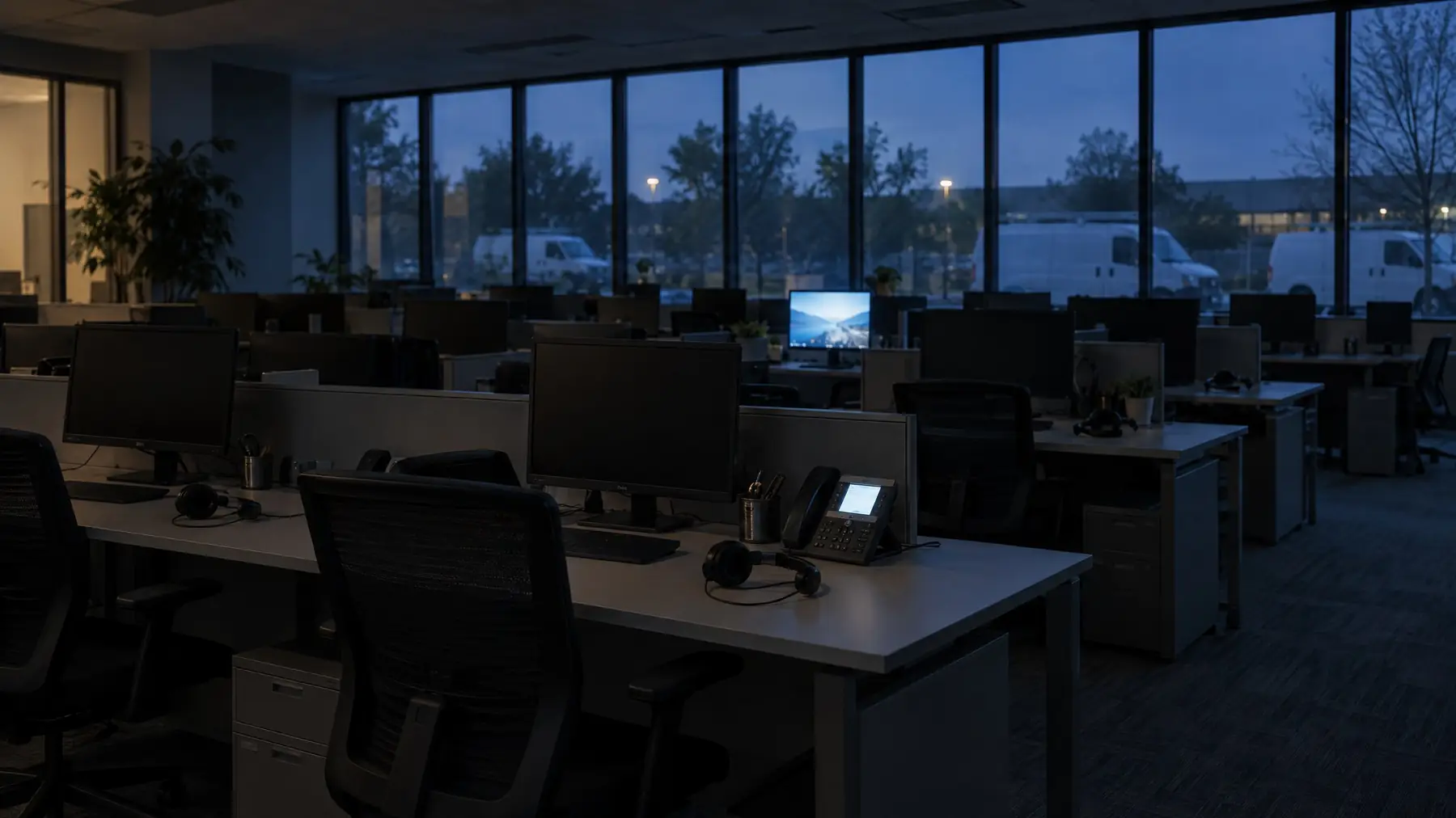 An empty customer service floor after hours, desks and headsets with nobody there