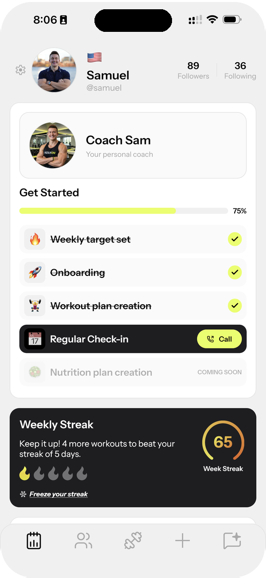 KEEPON personalization check-in screen