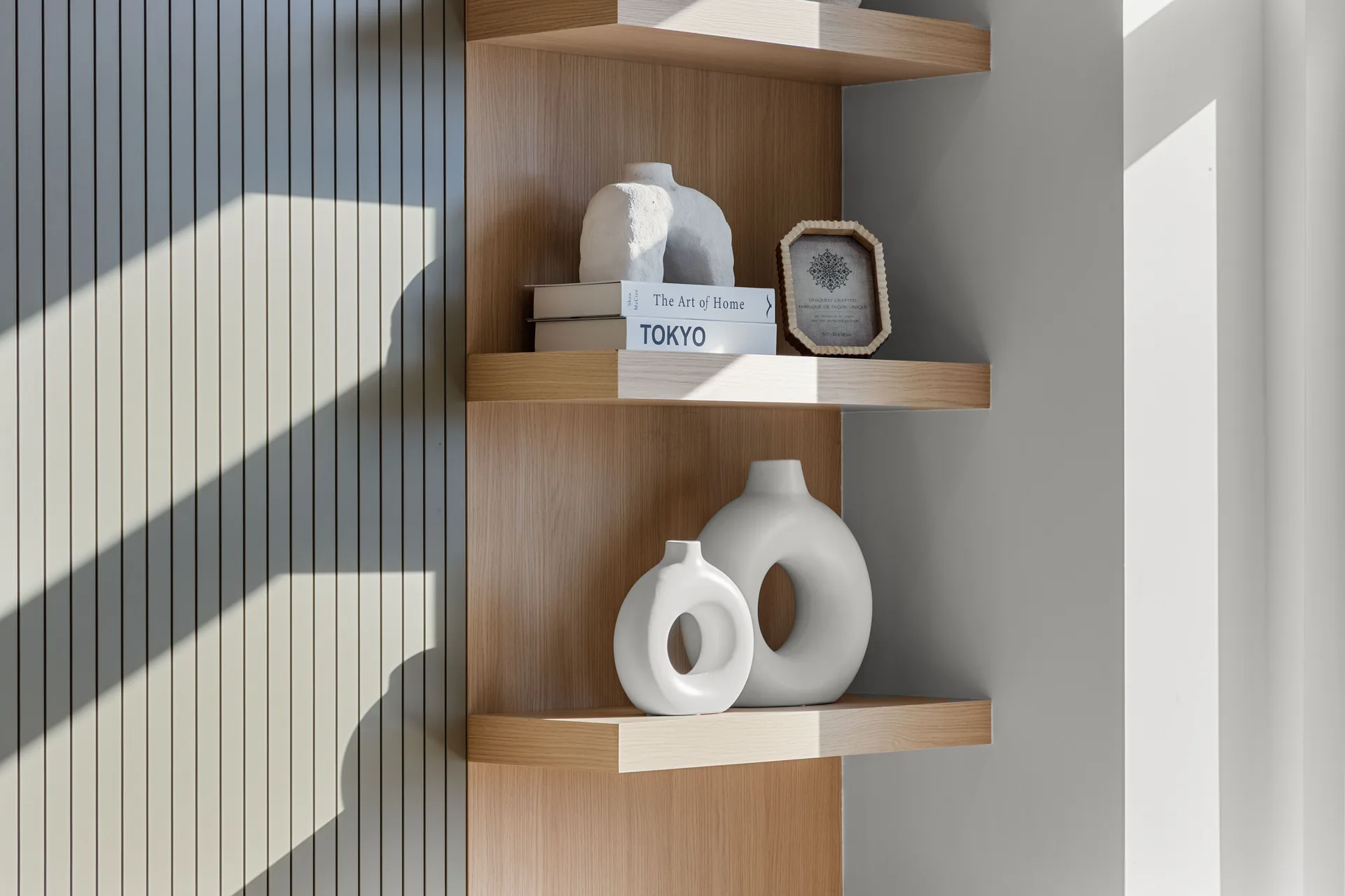 floating shelves and fluted panel millwork Surrey