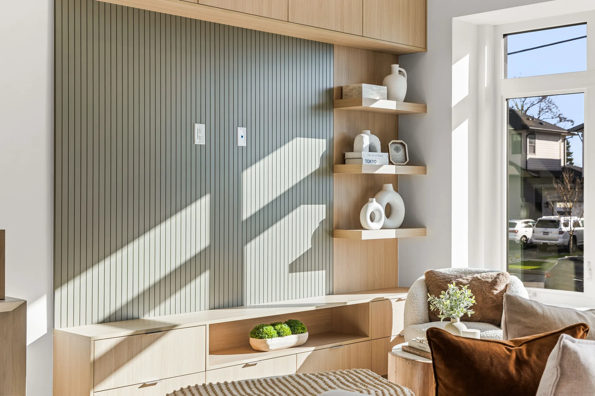fluted media wall with shelves Surrey