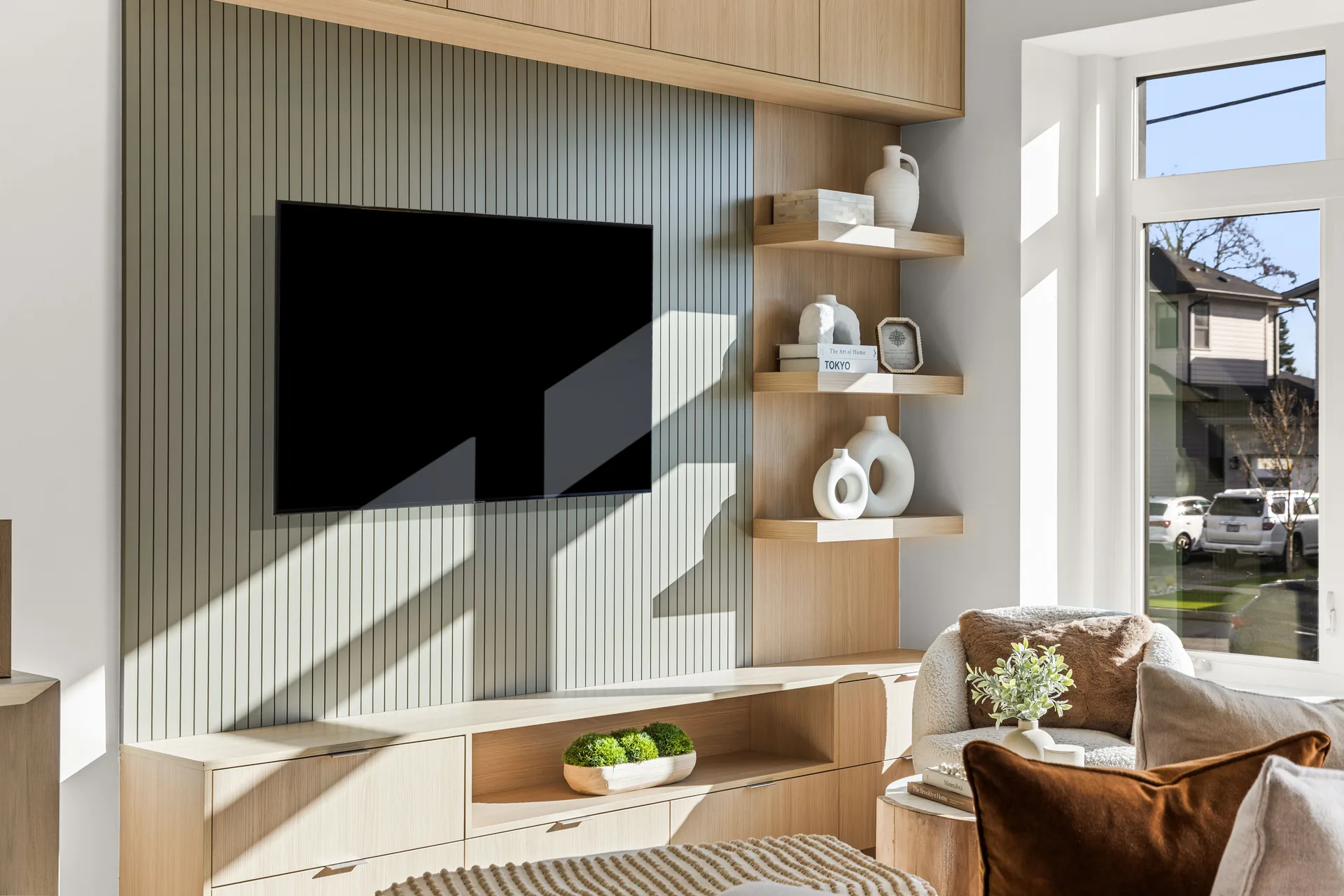 built-in entertainment center with fluted panels Surrey