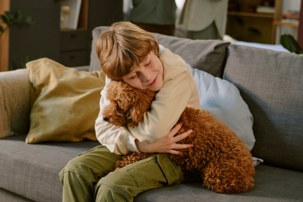 Child hugging small dog on couch, showing comfort and care during pet health or first aid situation