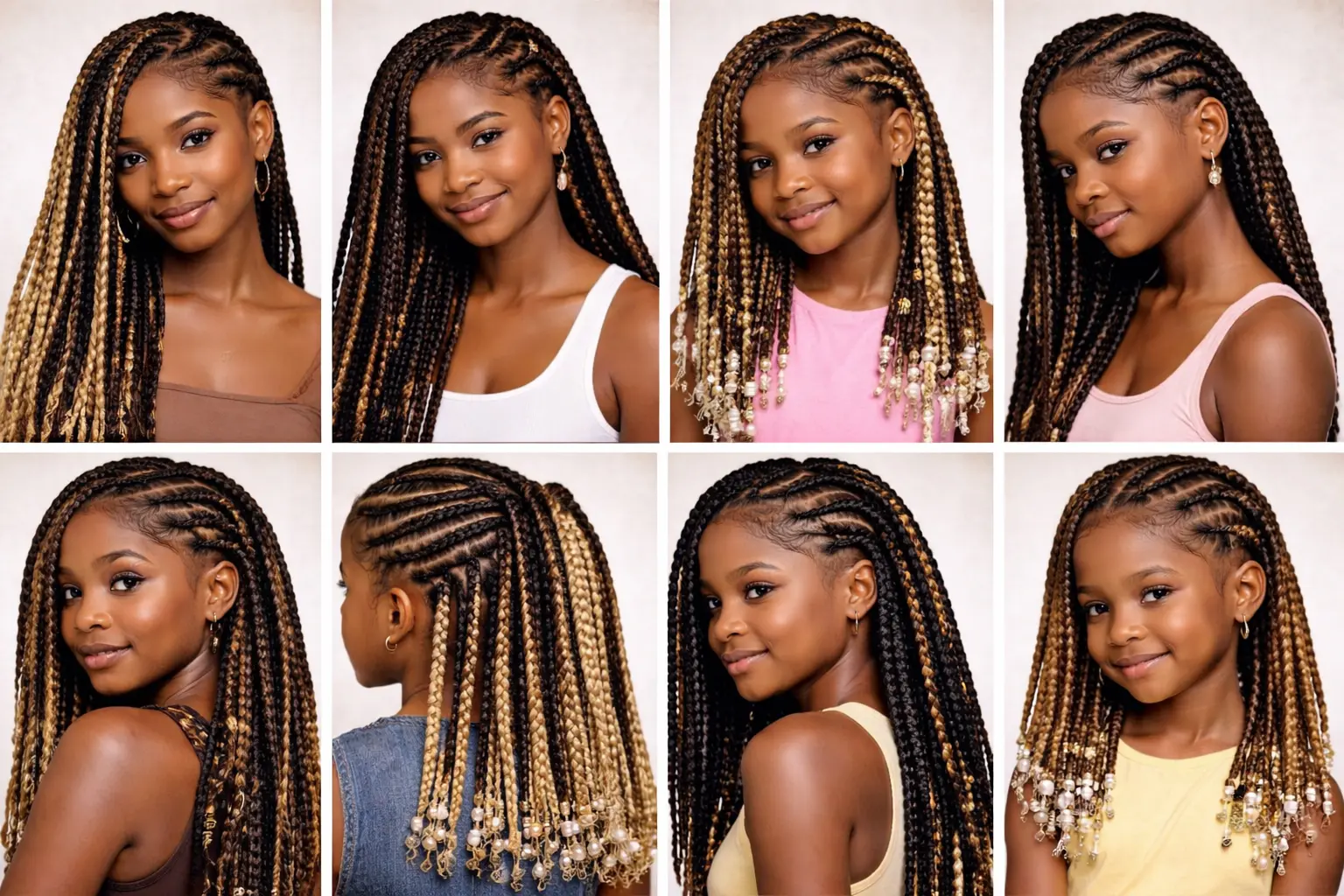 A collage showcasing various kids' braid styles, including knotless braids with honey-blonde highlights and decorative beads, professionally styled at Sweetie's Inn Braid and Loc Salon in Montreal.