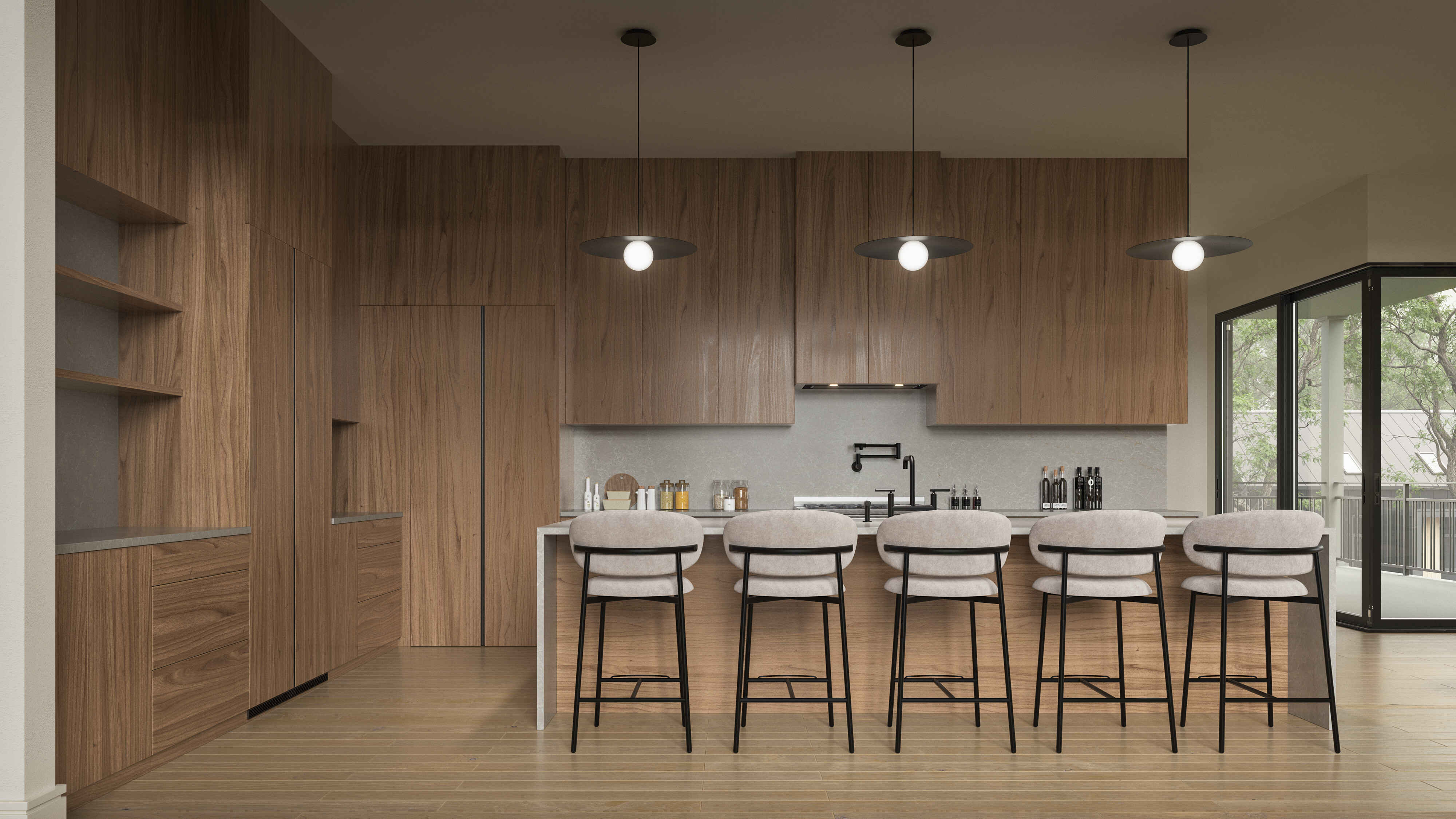 Modern kitchen design with island seating and pendant lighting